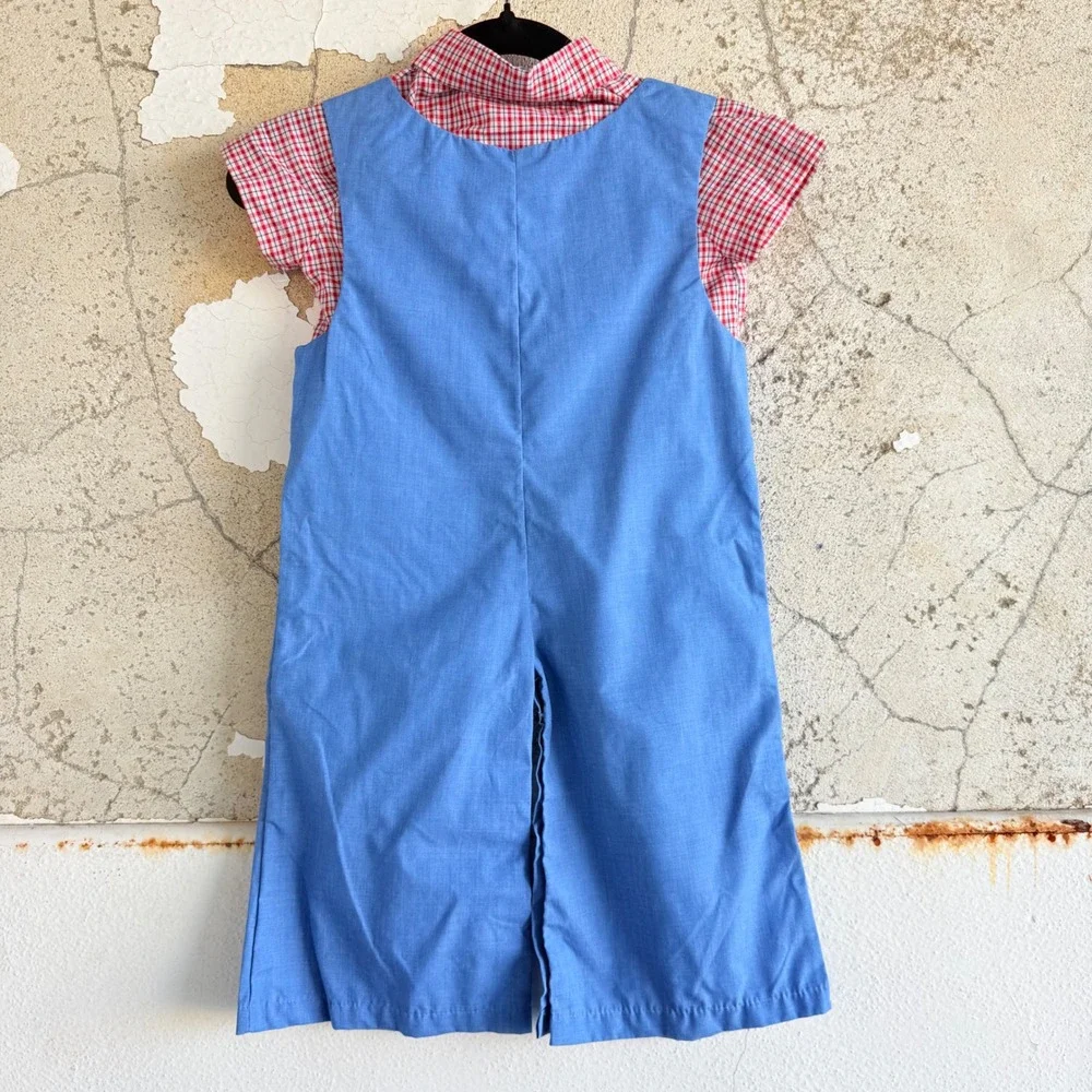Vintage Overall Romper Gingham Shirt Set‎ Embroidered Bunny Playsuit 18 Months